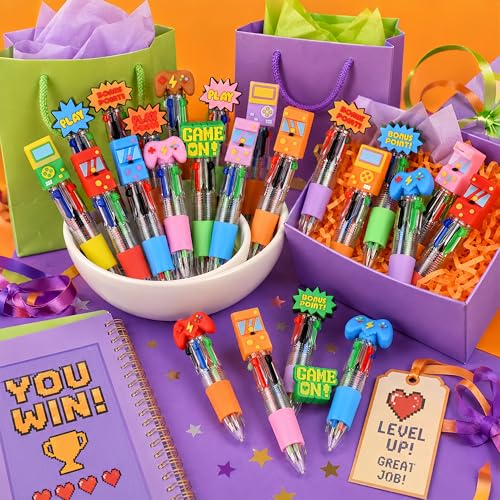 Oneshow 48 Pack Video Game Party Favors Pens Mini 4-in-1 Ballpoint Pens | Game Themed Multicolor Pen with 6 Fun Topper Styles, Gaming Pens Bulk for Classroom Prizes Goodie Bag Stuffers Birthday Gifts - style: Game-48PCS