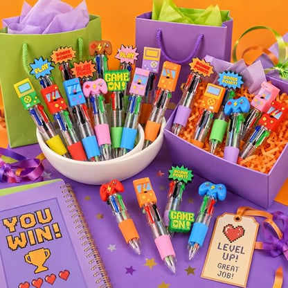 Oneshow 48 Pack Video Game Party Favors Pens Mini 4-in-1 Ballpoint Pens | Game Themed Multicolor Pen with 6 Fun Topper Styles, Gaming Pens Bulk for Classroom Prizes Goodie Bag Stuffers Birthday Gifts - style: Game-48PCS