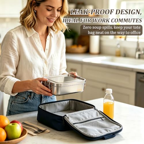Qtencas Stainless Steel Lunch Box, 47oz / 1.4L Stainless Steel Bento Box | Metal Lunch Bento Box with Removable Dividers, Leakproof Condiment Containers, Dishwashing Sponge and Foldable Sporks - size: 47oz
