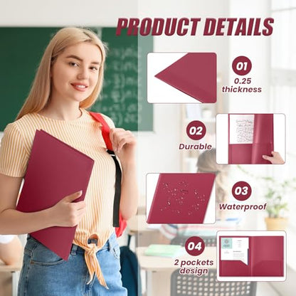 Gueevin 50 Pcs Plastic Folders with Two Pockets, Back to School Two Pocket Folder Fit Letter Size, Heavy Duty School Business Card Holder for Home Office Teachers (Dark Red) - color: Dark Red