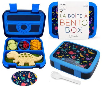 kinsho Kids Lunch Box - Bento Box for Boys Toddler Daycare, 4 Portion Sections with Lid, Snack Container Pre-School Kid Lunches Toddlers Removable Tray BPA Free, 3+ Years Old, Blue Rocket Dinosaur - color: Blue Rocket Dinosaur Bento
