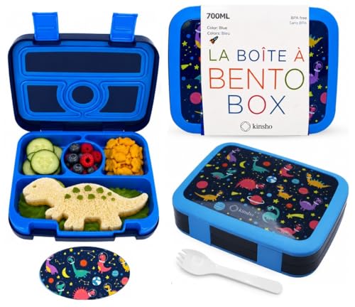 kinsho Kids Lunch Box - Bento Box for Boys Toddler Daycare, 4 Portion Sections with Lid, Snack Container Pre-School Kid Lunches Toddlers Removable Tray BPA Free, 3+ Years Old, Blue Rocket Dinosaur - color: Blue Rocket Dinosaur Bento