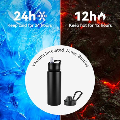 24oz Insulated Water Bottle with Straw Lid, Stainless Steel Metal Water Bottle with Straw & Wide Mouth Lid, Double Wall Vacuum Water Bottle for Hiking Camping, Black 4 Pack - color: Black, size: 24oz-4 Pack