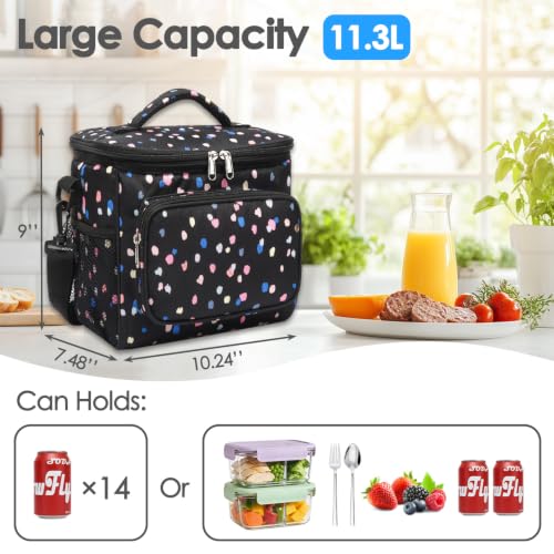 FlowFly Insulated Reusable Lunch Bag Adult Large Lunch Box for Women and Men with Adjustable Shoulder Strap,Front Zipper Pocket and Dual Large Mesh Side Pockets,BlackFlower - color: BlackFlower