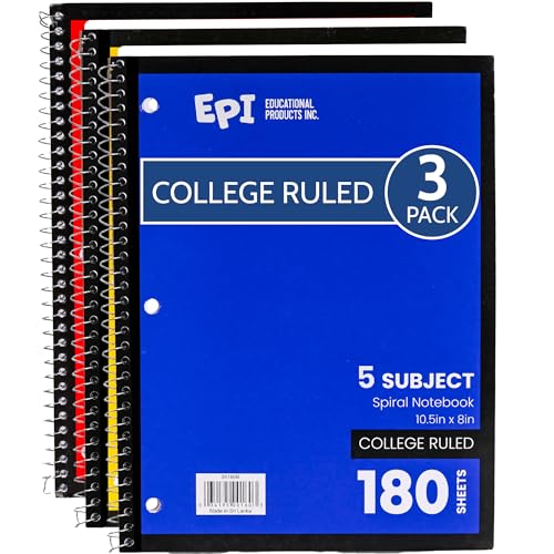 EPI Spiral Notebook | 5 Subject - College Ruled - 180 Sheets, Durable Spiral Binding | 10.5 x 8 in | Classroom Supplies | School, Office, Note Taking, Journaling - 3 Pack - size: Pack of 3, style: 5 Subject - College Ruled