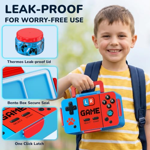 Bento Lunch Box for Kids with Thermos – Game Console Design with 12oz Insulated Stainless Steel Soup Jar and Built-in Ice Pack, 3-Compartment Leak-Proof Kids Bento Box for Boys Girls School Travel - color: Red-Game over
