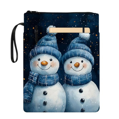Padded Book Sleeve with Zipper & Front Pocket, Fabric Book Cover | Cute Cozy Christmas Snowman11.4"x8.7" Washable Canvas Pouch for Hardcovers, Tablets & Reading Accessories - color: Cute Cozy Christmas Snowman
