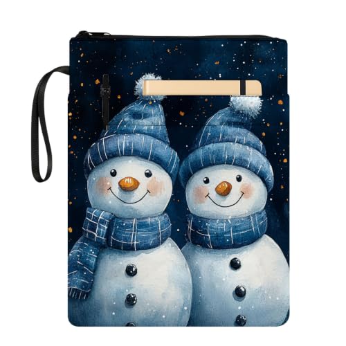Padded Book Sleeve with Zipper & Front Pocket, Fabric Book Cover | Cute Cozy Christmas Snowman11.4"x8.7" Washable Canvas Pouch for Hardcovers, Tablets & Reading Accessories - color: Cute Cozy Christmas Snowman