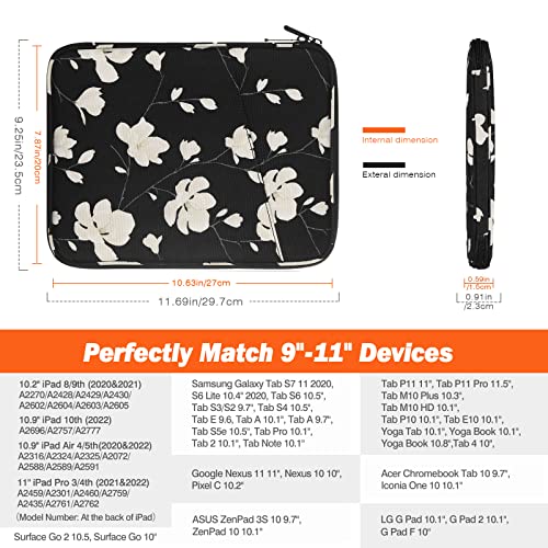 MoKo 9-11 Inch Tablet Sleeve Bag Carrying Case with Accessory Pocket | Fits iPad Air 11-inch M4, iPad Pro 11-inch M5, iPad A16 11-inch and Tab S9/S8 11-inch, Black&White Magnolia - color: Black & White Magnolia, size: 9-11 Inch