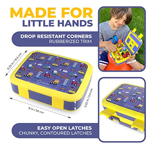 kinsho Bento Lunch Box For Kids Toddlers Boys, 5 Portion Sections Secure Lid, Microwave Safe Bpa Free Removable Tray, Pre-School Daycare Divided Snack Container Ages 3 To 5, Blue Yellow Trucks - color: Blue Yellow Truck Bento