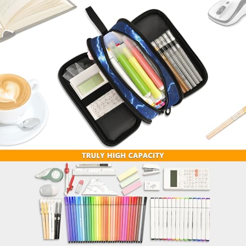 ALAZA Soccer Large Pencil Case, Blue Lightning Pen Pouch Pencil Bag with 3 Compartments Pen Holder Organizer Stationery Bag - color: A08