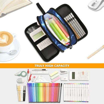 ALAZA Soccer Large Pencil Case, Blue Lightning Pen Pouch Pencil Bag with 3 Compartments Pen Holder Organizer Stationery Bag - color: A08