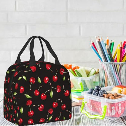 Black Sweet Cherry Lunch Box Insulated Meal Bag Lunch Bag Reusable Snack Bag Food Container For Boys Girls Men Women School Work Travel Picnic - color: black sweet cherry