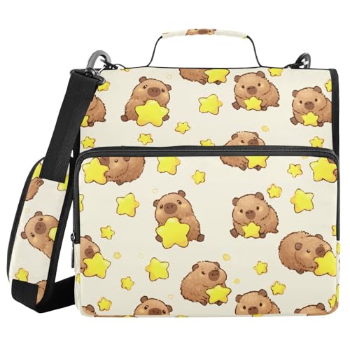 3 Ring Zipper Binder Capybara Yellow Stars Binders Bag with Shoulder Strap 500 Sheets Paper Organizer Trapper Keeper Documents Storage File Folder for School Office - color: A858