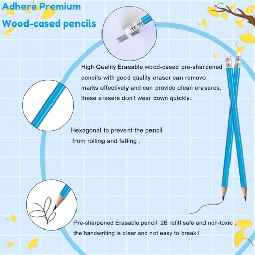 Adhere 25pcs Woodcase Pencils with Eraser Premium Pre-Sharpened Hexagon Graphite 2B pencils ideal for home, office writing including a Free Sharpener - color: Light Blue・25pcs