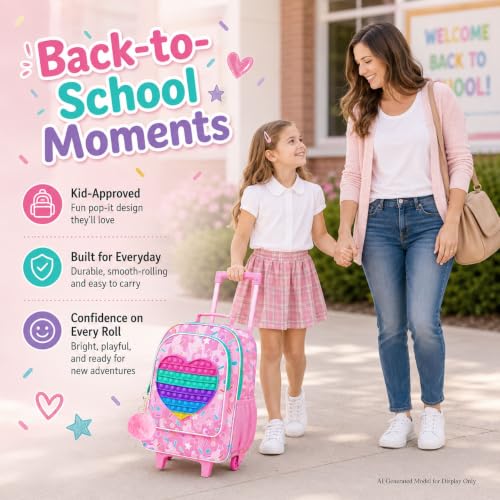WZLVO 4PCS Love Rolling Backpack for Girls - Cute Wheeled School Set with Lunch Box,Water Resistant Roller School Backpack on Wheels for Elementary Kids Travel - color: Girls Rolling Backpack - Popular Heart