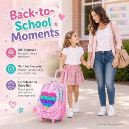 WZLVO 4PCS Love Rolling Backpack for Girls - Cute Wheeled School Set with Lunch Box,Water Resistant Roller School Backpack on Wheels for Elementary Kids Travel - color: Girls Rolling Backpack - Popular Heart