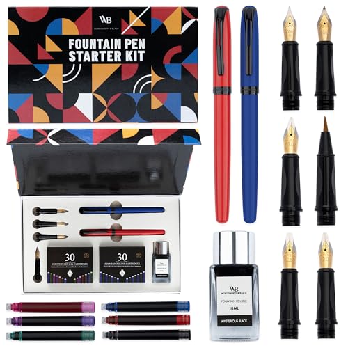 Wordsworth & Black Fountain Pen Set for Beginners, Calligraphy Kit, Blue | Brush Pen + 5 Nibs, 60 Ink Cartridges + Ink Bottle, Converter, Writing & Journaling, Gift for Men & Women, Refillable - color: Red and Blue