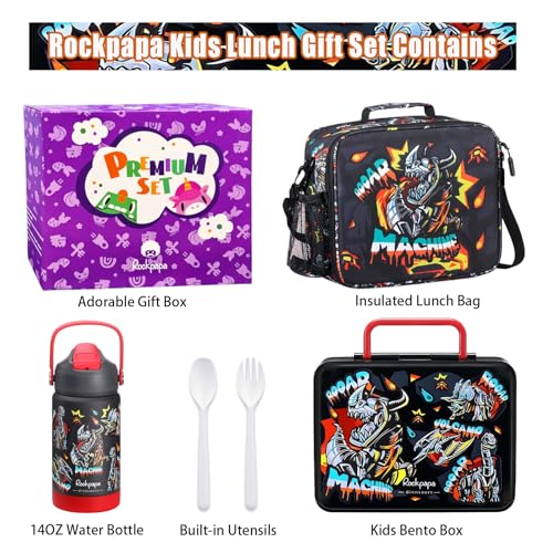 rockpapa Kids Lunch Box Set with 14oz Insulated Water Bottle & Lunch Bag, Leakproof 5.5 Cups Bento Box for School & Children, BPA-Free, Microwave Safe for Boys Girls (Black Dinosaur) - color: Black Dinosaur