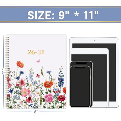 Monthly Planner 2026-2031 - 5 Year Planner/Calendar, 2026-2031 Monthly Calendar Planners Spiral Bound, Jul. 2026 - Jun. 2031, 9" x 11", Twin-Wire Binding + Tabs + Pocket - Flowers