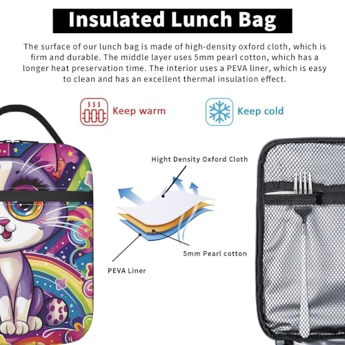 Cute Cat Lunch Box for Kids Aldults, Colorful Cartoon Reusable Thermal Insulation Cooler Tote Bags, Rainbow Star Big Eye Kitten Insulated Bag for Student, School Picnic Camping Travel, Gifts - color: Cat01