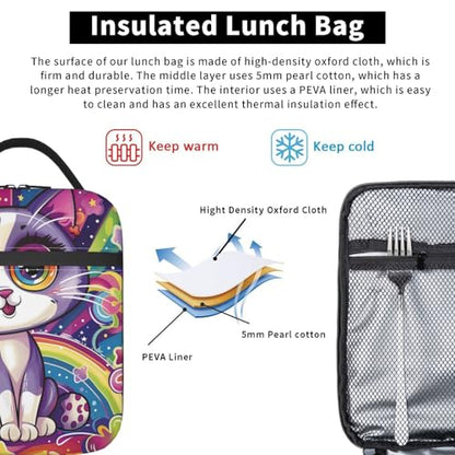 Cute Cat Lunch Box for Kids Aldults, Colorful Cartoon Reusable Thermal Insulation Cooler Tote Bags, Rainbow Star Big Eye Kitten Insulated Bag for Student, School Picnic Camping Travel, Gifts - color: Cat01
