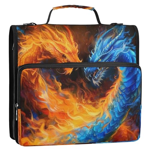 Boccsty Orange Blue Fire Dragon Zipper Binder 3 Ring Binders Expanding File Folder Multi-Pocket Zipper Binder Organizer for School Shoulder Strap and Handle - color: Multicolored 04