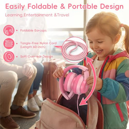 Candy Bila Wired USB C Kids Headphones, 85dB Safe Volume Limit, HD Stereo Sound, Adjustable Headband, Foldable Over-Ear Design for School, Travel, Boys, Girls, iPad, Tablet，Gradient Pink - color: Gradient Pink