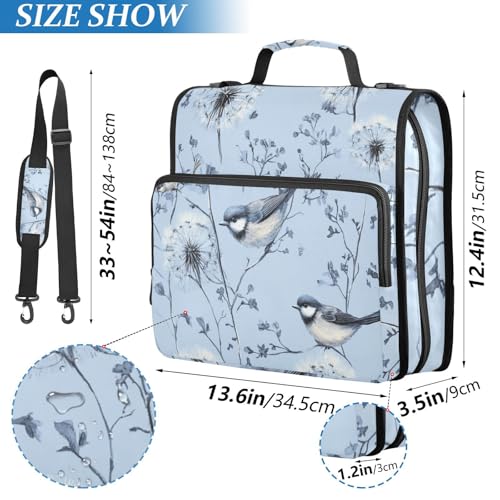 Blue Dandelions and Birds Zipper Binder 3 Ring 1.5 Inch School Binder Organizer with Shoulder Strap Handle File Folder Pockets Large Capacity Students Girl Boy Men Office Work - color: Blue Dandelions and Birds