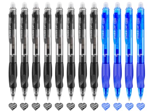 12 Pack Clicker Erasable Gel Pens, Fine Point (0.5mm), 8 Black 4 Blue Ink with Eraser, Make Mistakes Disappear, Soft Grip for Students, Writing, Note Taking, School & Office Supplies - color: 8 Black 4 Blue