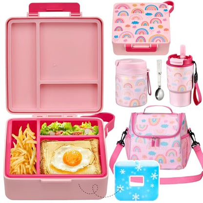 Pawtong Lunch Box Set with Bento Box Container, 17OZ Stainless Steel Food Soup Thermo, Kids Water Bottle & Portable Insulated Lunch Bag – Leakproof, Hot/Cold Retention for School, Travel(Pink-Rainbow) - color: Pink-Rainbow