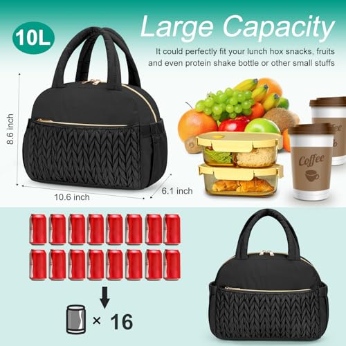 Coobiiya Cotton Quilted Lunch Bag,Cute Insulated Puffer Lunch Box for Women | Large Capacity Thermal Waterproof Cooler Bag for Work Picnic Travel - color: Black Woven Cotton