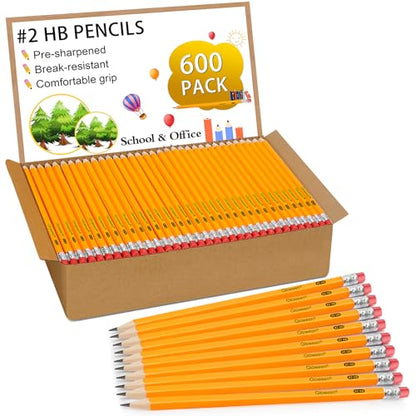 LACCHOUFEE 600 Pack #2 HB Pencils, Pre-sharpened Wood-cased Graphite Pencils with Eraser Top, Yellow, for Office, School, and Classroom Use