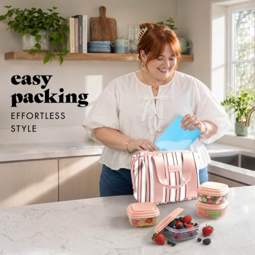 Fit & Fresh Remi Lunch Bag for Women Work – Neoprene Lunch Tote with Containers & Ice Pack, Reusable Meal Prep Lunch Box, Large Capacity, Machine Washable - color: Pink Chunky Stripe