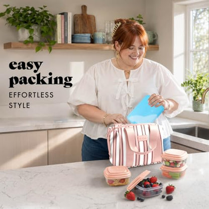 Fit & Fresh Remi Lunch Bag for Women Work – Neoprene Lunch Tote with Containers & Ice Pack, Reusable Meal Prep Lunch Box, Large Capacity, Machine Washable - color: Pink Chunky Stripe