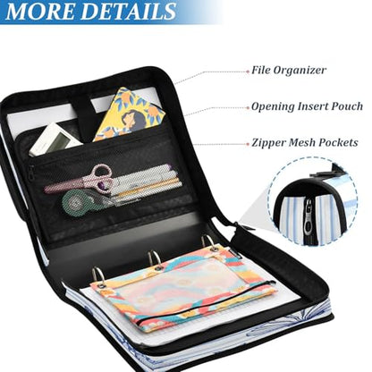 CEBUGI 3 Ring Zipper Binder with Shoulder Strap Multi-Pocket Portfolio Binder 1.5-inch D-Rings Expanding File Folder for School Office Blue Seashells