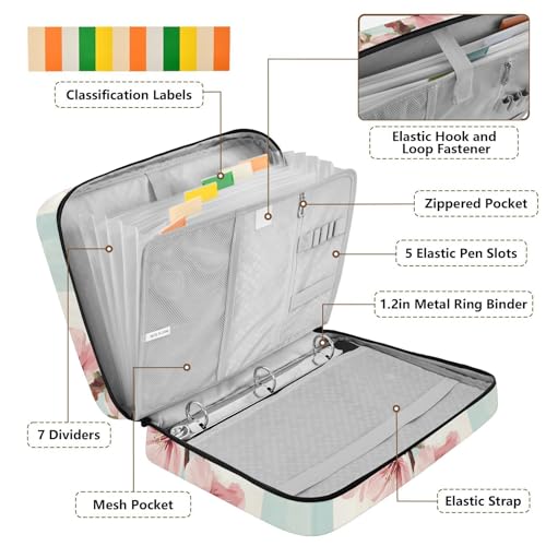 ALAZA Cute Cherry Flowers Stripes Zipper Binder with Handle, 7-Pocket Expanding File Folder, Detachable 3-Ring Binder, File Organizer for Home Office Work A4 Letter Size Paper Document