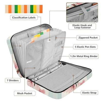 ALAZA Cute Cherry Flowers Stripes Zipper Binder with Handle, 7-Pocket Expanding File Folder, Detachable 3-Ring Binder, File Organizer for Home Office Work A4 Letter Size Paper Document