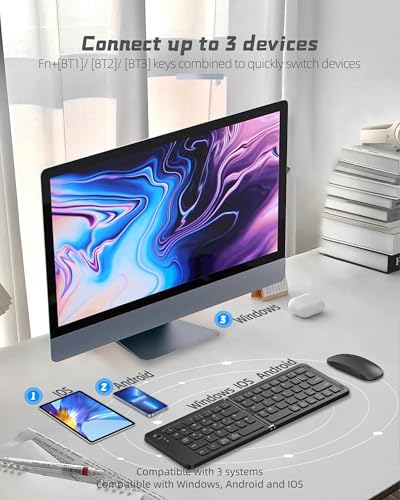 Wireless Bluetooth Keyboard & Mouse Combo, Foldable Mini Portable Typepad for iPad, iPhone, Tablet,Folding Rechargeable & Compatible with iOS, Windows, Android Devices, Laptops & Smartphones