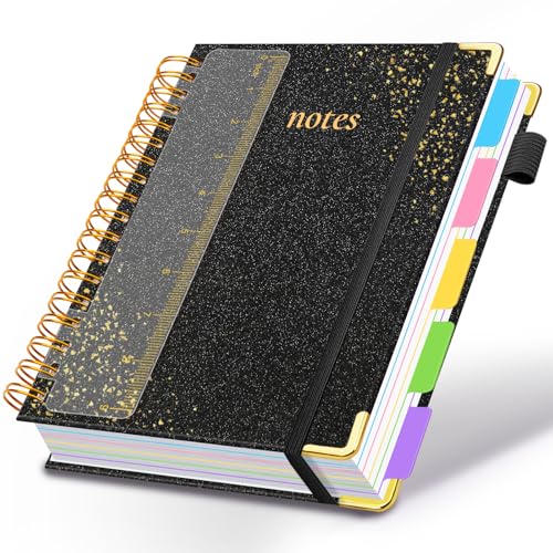 Hardcover Spiral Notebook with Removable Dividers & Tabs, 8"x10" 5 Subject Notebooks for Work, 300 Pages College Ruled Notebook, B5 Sparkle Lined Journal for Women Girls Note-Taking (Black) - color: Black, size: 8''x 10''
