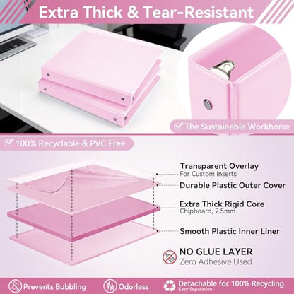 SUIN 1 Inch 3 Ring Binder, Clear 1'' View Presentation Binders with 2 Pockets, Fits 8.5 x 11 Letter Size, Durable Polypropylene, Non-Stick & PVC-Free for School, Office & Home (Pastel Pink) - color: Pastel Pink