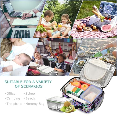 MNSRUU Student Lunch Bag Rainbow Leopard Insulated Lunch Totes Picnic Bag Lunch Box with Adjustable Shoulder Strap for Teen Kids Adults - color: Leopard 01