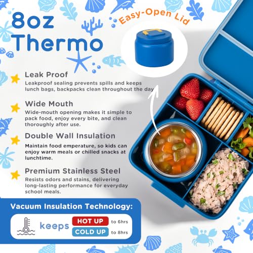 Bento Lunch Box for Kids with 8oz Thermo Containers for School,Camping | Vacuum Insulated Food Jar,Leakproof Silicone-Seal,5 Compartments with Dividers,Dishwasher & Refrigerator Safe,BPA-Free - color: Blue
