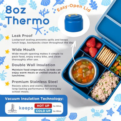 Bento Lunch Box for Kids with 8oz Thermo Containers for School,Camping | Vacuum Insulated Food Jar,Leakproof Silicone-Seal,5 Compartments with Dividers,Dishwasher & Refrigerator Safe,BPA-Free - color: Blue