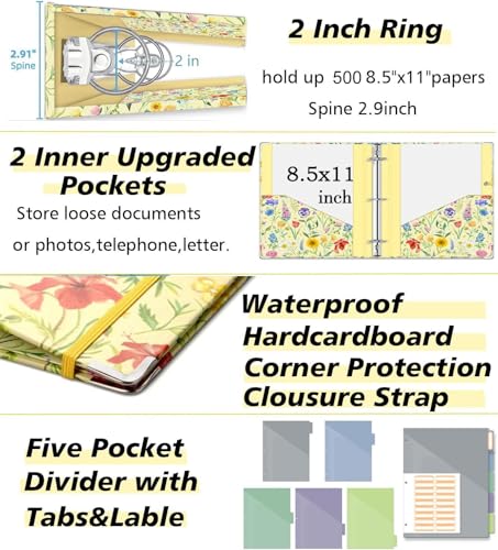 3 Ring Binder 2 Inch, Three Ring Binders Organizer with Clipboard, 5-Tabs Pockets Dividers, Plastic Folder, 18 Divider Stikers, KLLVE Cute Binder with Pen Loop (Garden Party, Letter Size) - color: Garden Party, size: 2in（Letter Size）