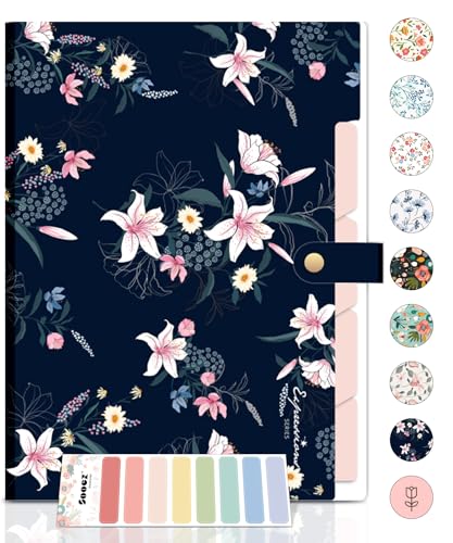 Sooez File Folders Organizer, Folders with 5 Pockets, Folders for Documents w/Sticker, Accordion File Organizer, Paper Receipt Bill Filing Organizer, School College Office Travel Essentials Supplies - color: Dark Blue Floral