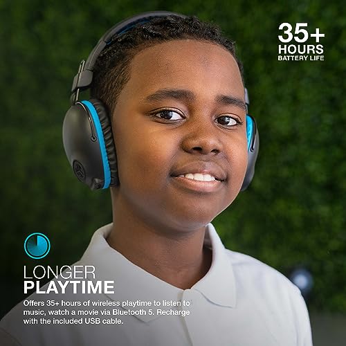 JLab JBuddies Pro Wireless Over-Ear Kids Headphones, 35+ Hour Battery Life, Built-in Volume Regulators for Safety, Share Mode, Folding, Adjustable, Noise Isolation, with Mic, Blue