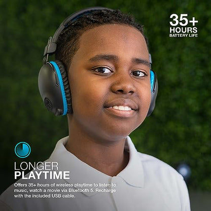 JLab JBuddies Pro Wireless Over-Ear Kids Headphones, 35+ Hour Battery Life, Built-in Volume Regulators for Safety, Share Mode, Folding, Adjustable, Noise Isolation, with Mic, Blue