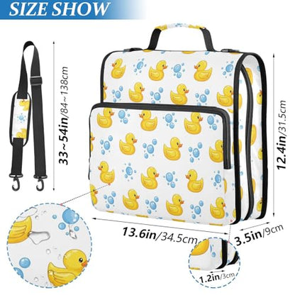 Zipper Binder Bag 3 Ring File Folder Portfolio Organizer Zippered Binder Bags with Strap Fits Laptop Women Men - color: Multi-yellow Duck White