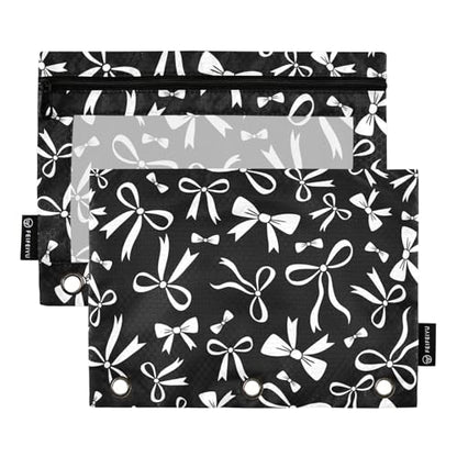 Black White Bow Pencil Pouch for 3 Ring Binder 2 Pcs Binder Pouches with Zipper Pocket Pencil Case Bag with Clear Window for Office Work School Supplies - color: Black White Bow